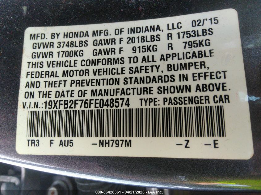 2015 HONDA CIVIC SEDAN SE - 19XFB2F76FE048574