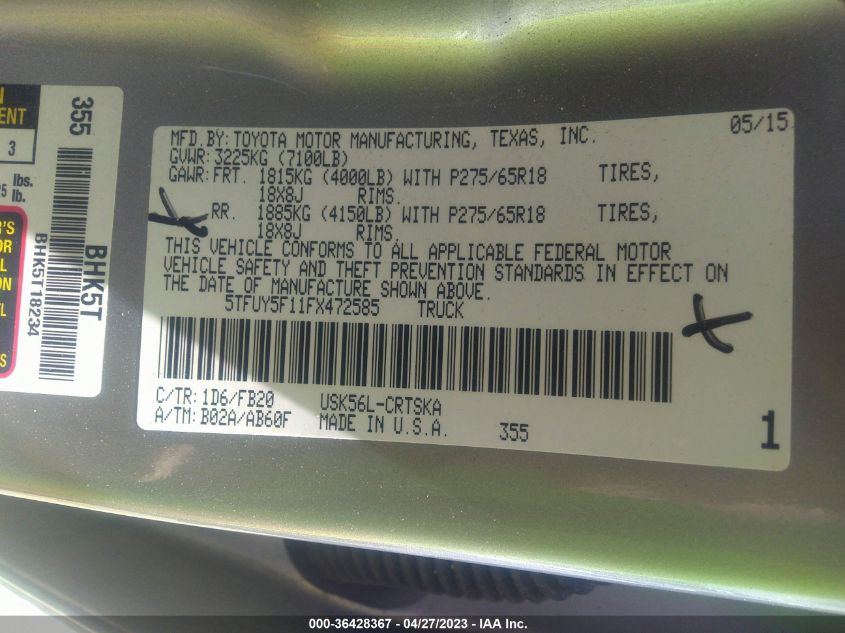 2015 TOYOTA TUNDRA 4WD TRUCK SR/SR5/TRD PRO - 5TFUY5F11FX472585