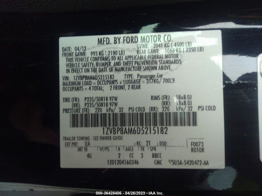 2013 FORD MUSTANG V6 - 1ZVBP8AM6D5215182