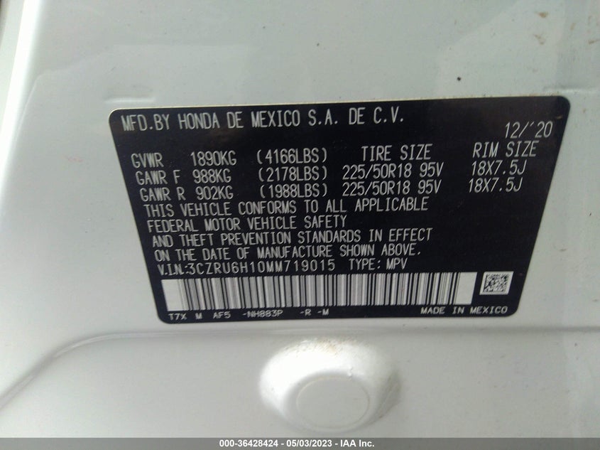 VIN 3CZRU6H10MM719015 2021 HONDA HR-V SPORT