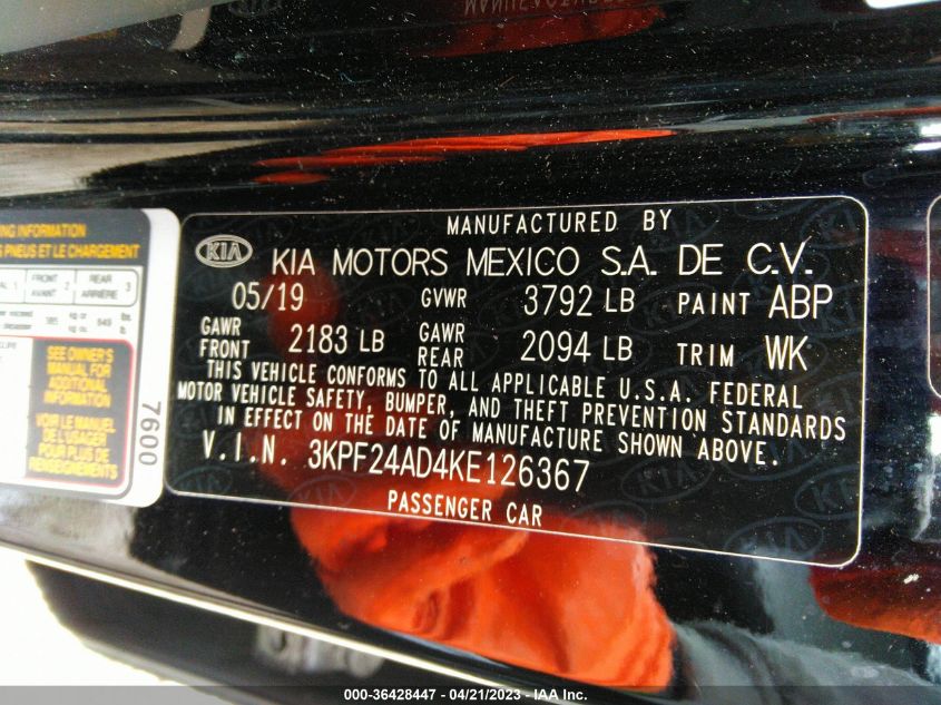 2019 KIA FORTE FE - 3KPF24AD4KE126367