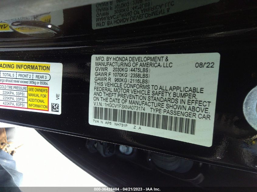 2022 HONDA ACCORD SEDAN SPORT - 1HGCV1F3XNA073174