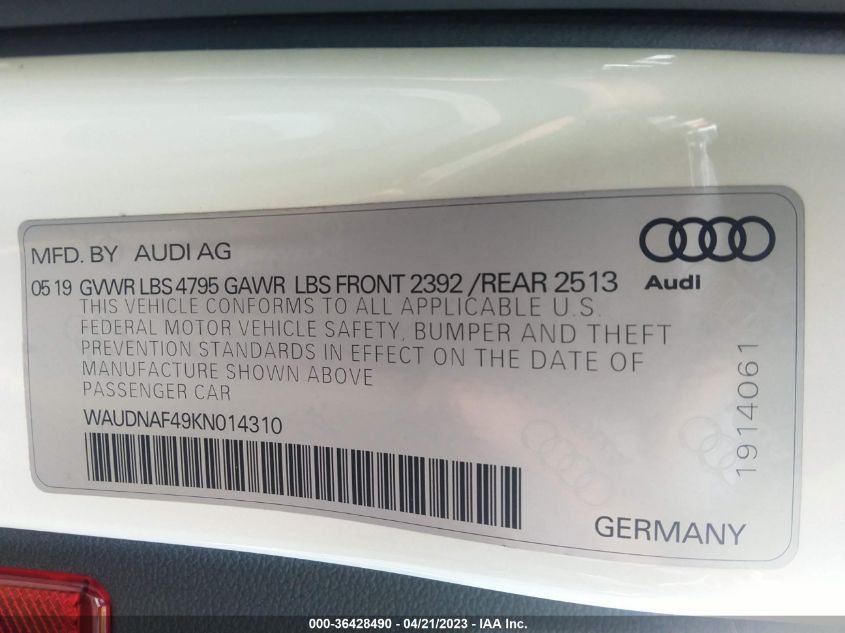 2019 AUDI A4 PREMIUM - WAUDNAF49KN014310