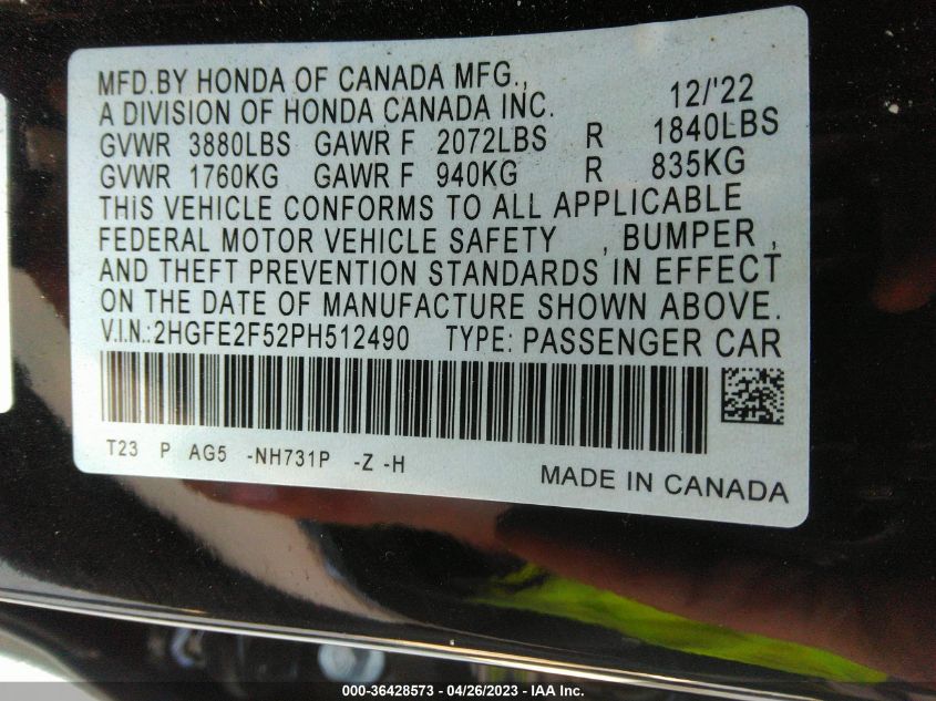 2HGFE2F52PH512490 Honda Civic Sedan SPORT 9