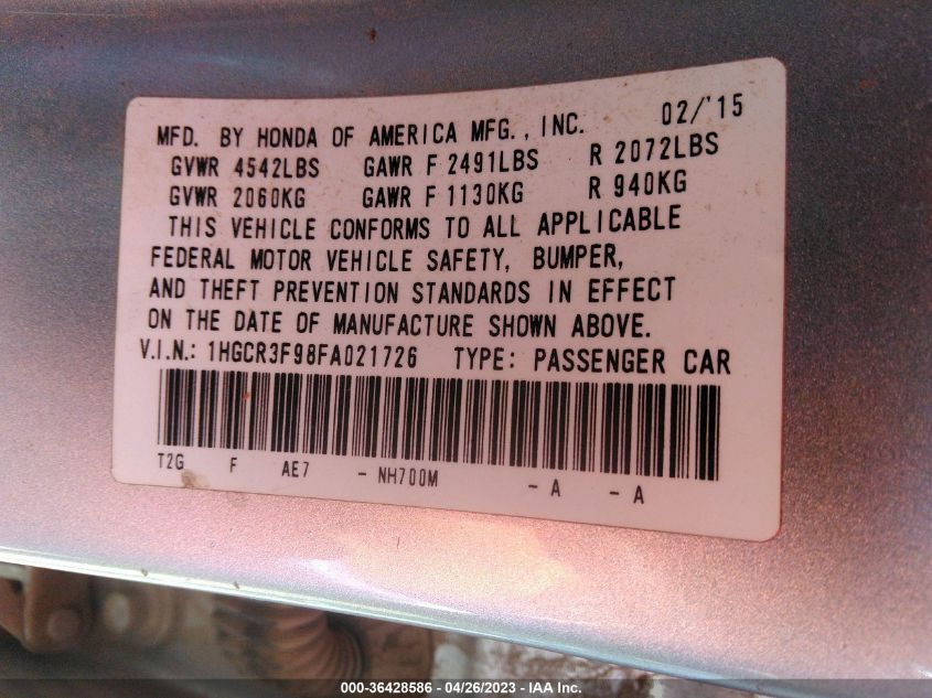 2015 HONDA ACCORD SEDAN TOURING - 1HGCR3F98FA021726