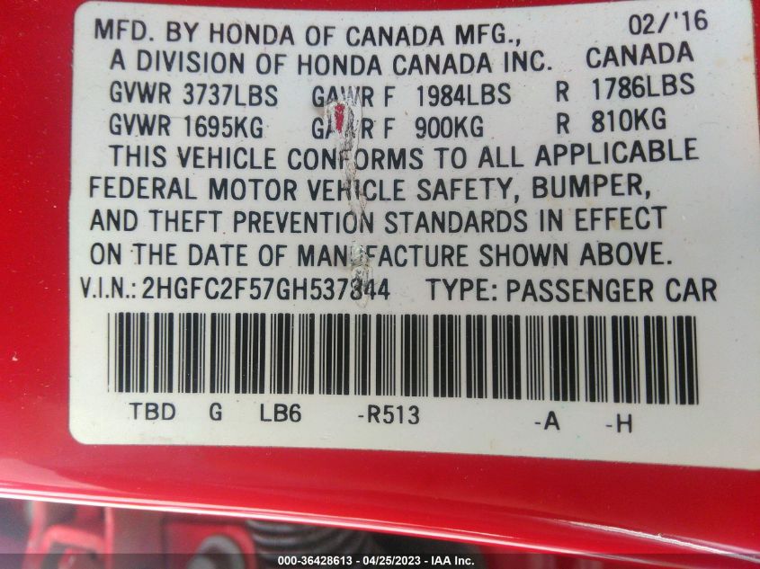 2016 HONDA CIVIC SEDAN LX - 2HGFC2F57GH537844