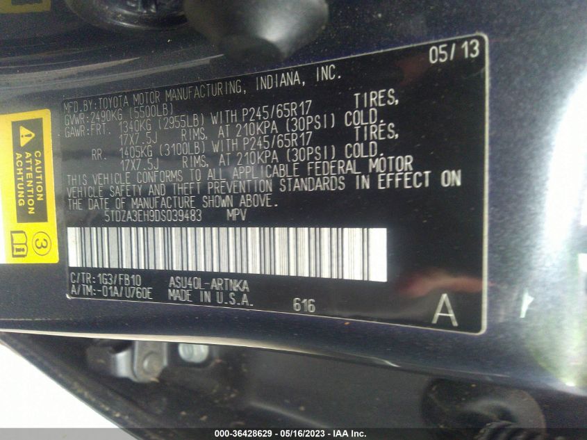 2013 TOYOTA HIGHLANDER - 5TDZA3EH9DS039483