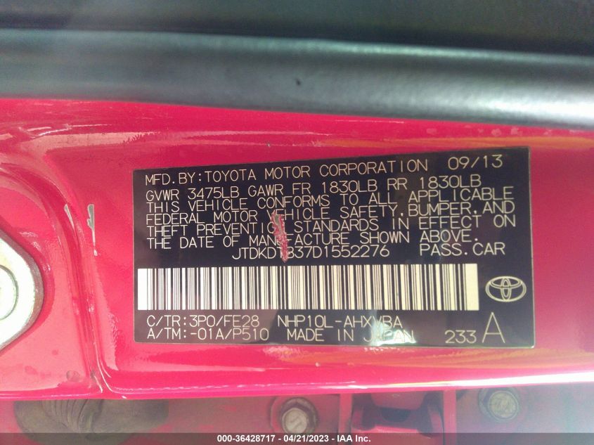 2013 TOYOTA PRIUS C ONE/TWO/THREE/FOUR - JTDKDTB37D1552276