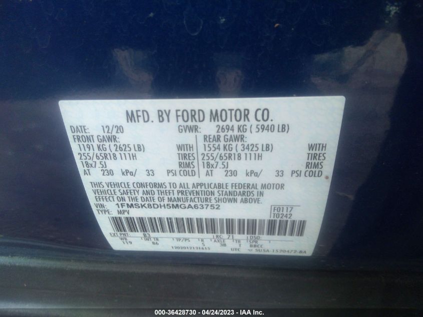 2021 FORD EXPLORER XLT - 1FMSK8DH5MGA63752