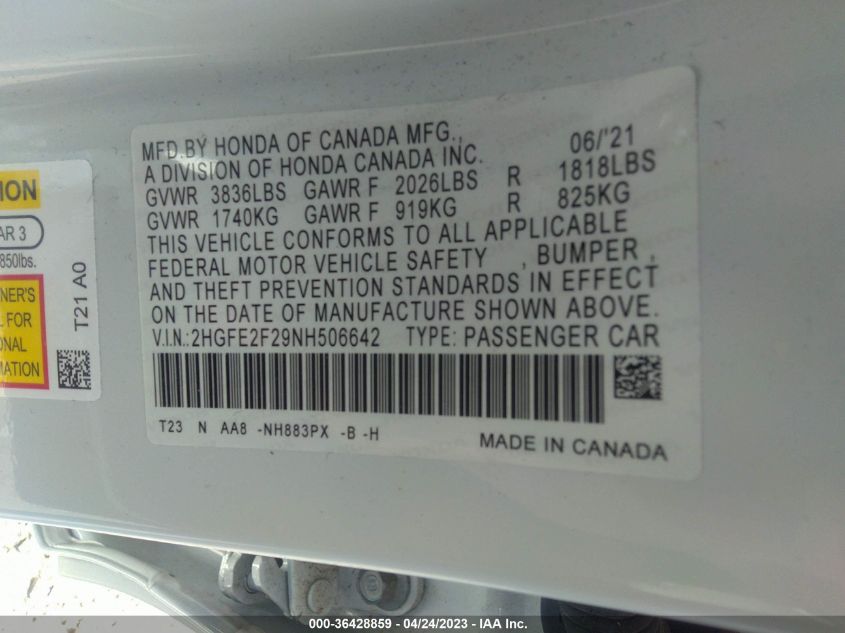 2022 HONDA CIVIC SEDAN LX - 2HGFE2F29NH506642