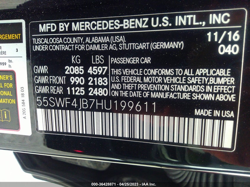 VIN 55SWF4JB7HU199611 2017 MERCEDES-BENZ C-CLASS C 300