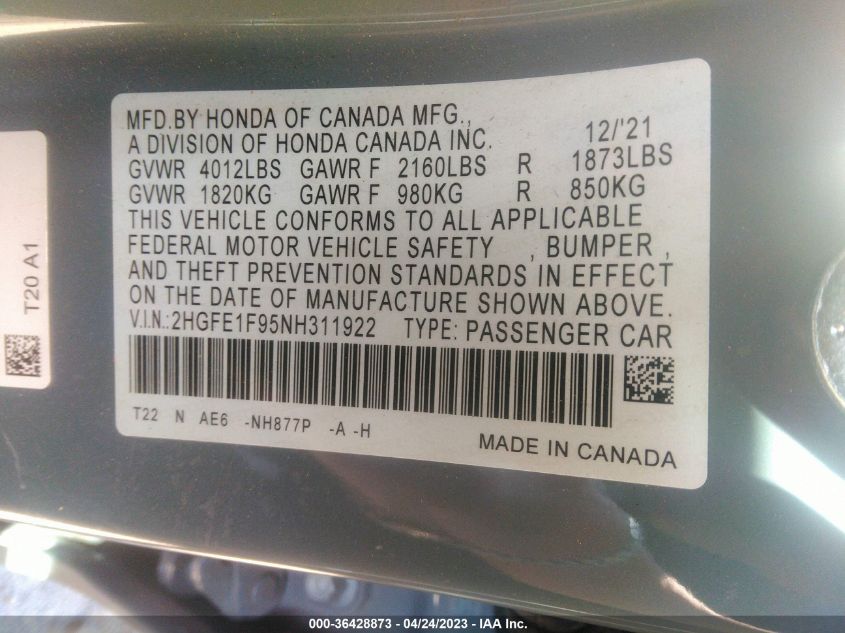 2022 HONDA CIVIC SEDAN TOURING - 2HGFE1F95NH311922