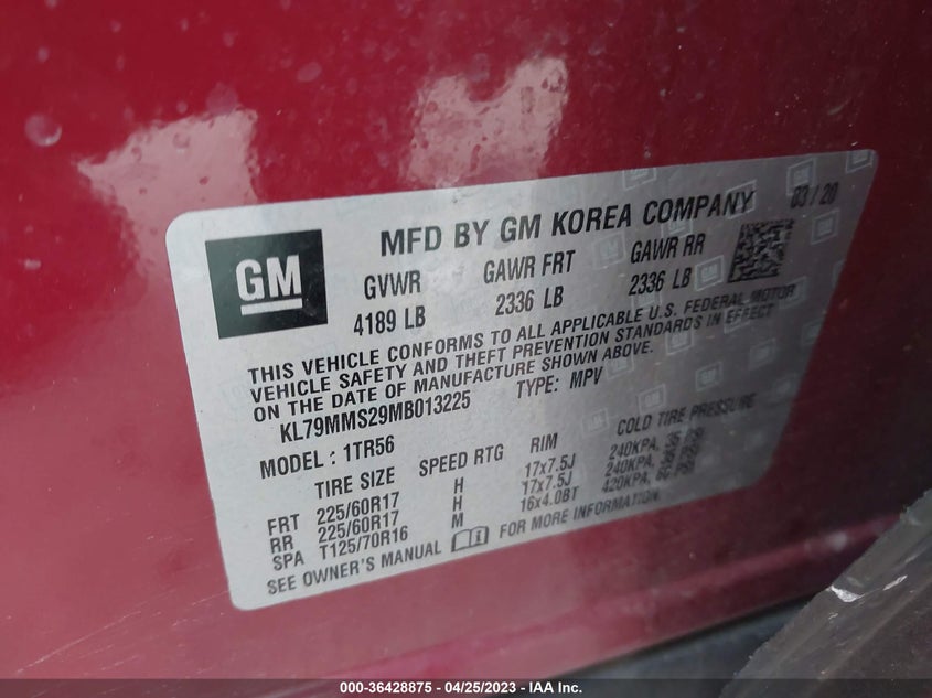 VIN KL79MMS29MB013225 2021 CHEVROLET TRAILBLAZER LS