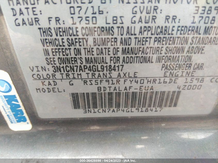 2016 NISSAN VERSA S - 3N1CN7AP4GL918417