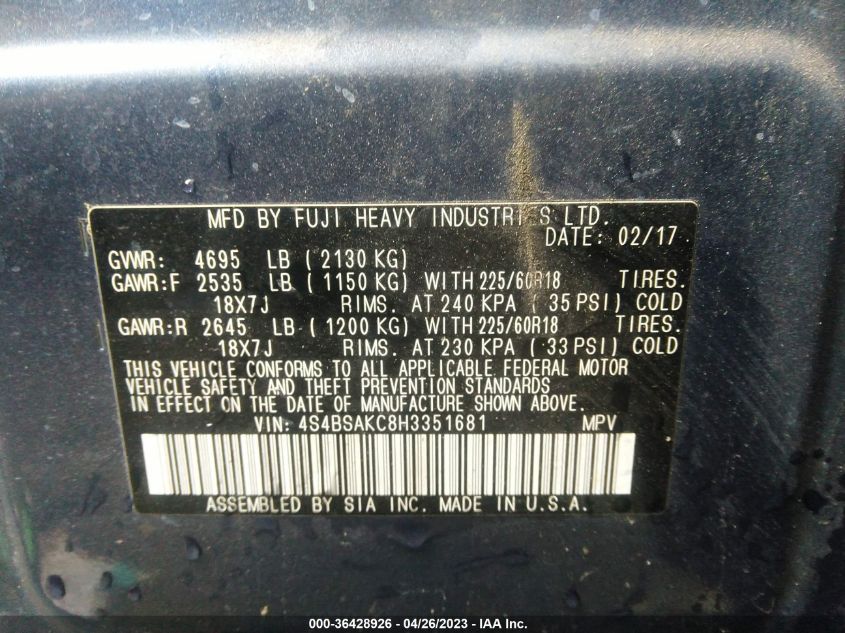 2017 SUBARU OUTBACK LIMITED - 4S4BSAKC8H3351681