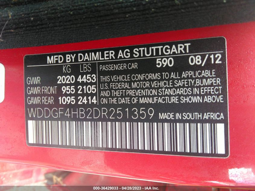2013 MERCEDES-BENZ C-CLASS C 250 - WDDGF4HB2DR251359