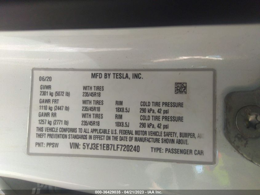 2020 TESLA MODEL 3 LONG RANGE - 5YJ3E1EB7LF720240