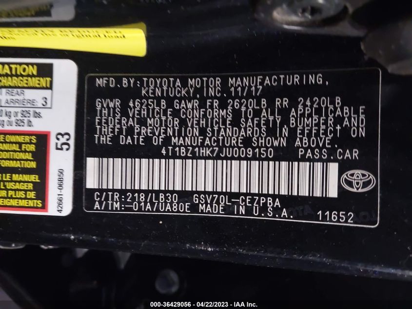 2018 TOYOTA CAMRY V6 - 4T1BZ1HK7JU009150