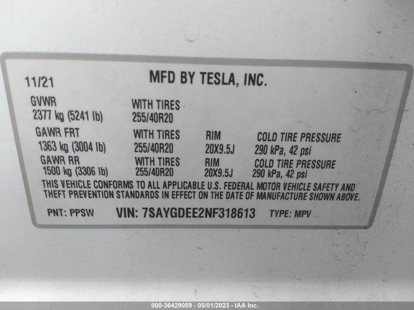 VIN 7SAYGDEE2NF318613 2022 TESLA MODEL Y LONG RANGE