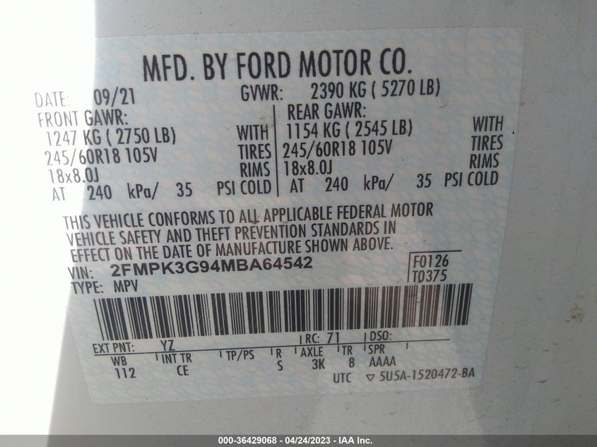 VIN 2FMPK3G94MBA64542 2021 FORD EDGE SE