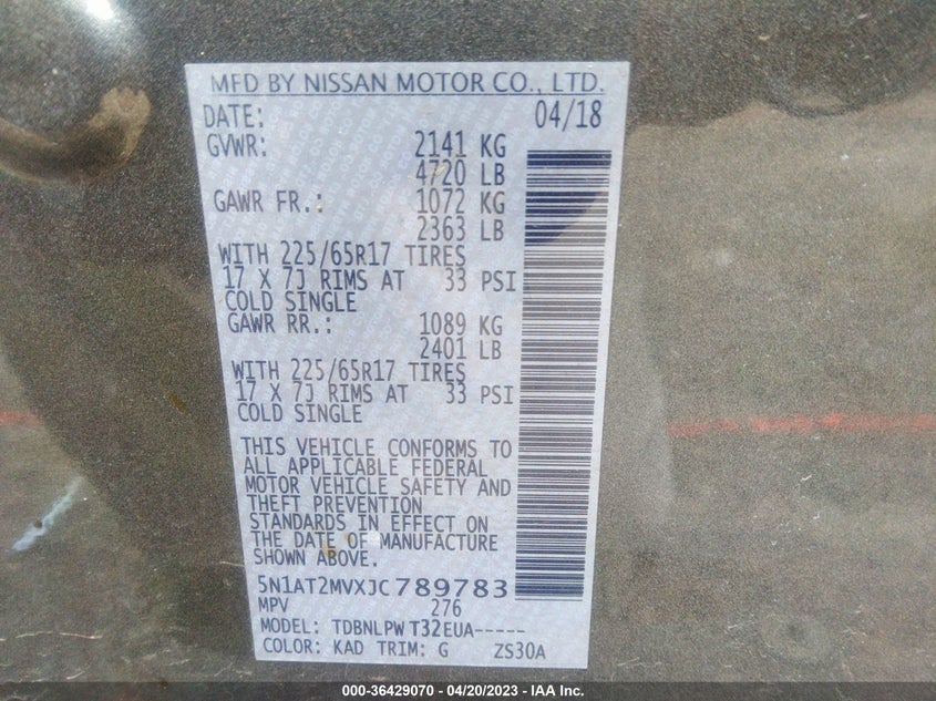 VIN 5N1AT2MVXJC789783 2018 NISSAN ROGUE S