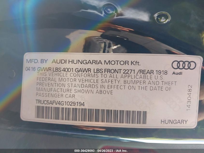 2016 AUDI TT 2.0T TRUC5AFV4G1029194