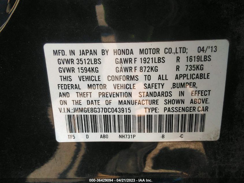 2013 HONDA FIT - JHMGE8G37DC043915