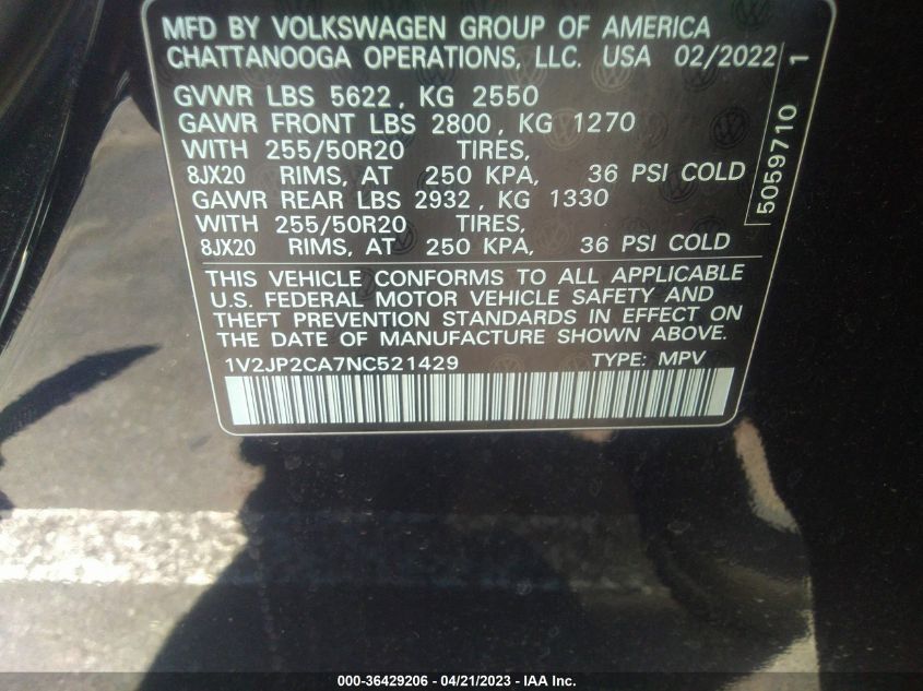 2022 VOLKSWAGEN ATLAS 2.0T SE W/TECHNOLOGY - 1V2JP2CA7NC521429