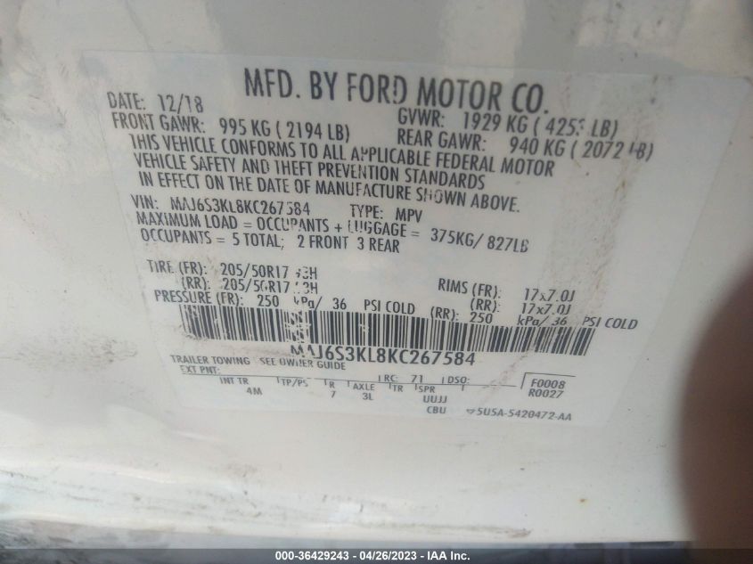 2019 FORD ECOSPORT TITANIUM - MAJ6S3KL8KC267584