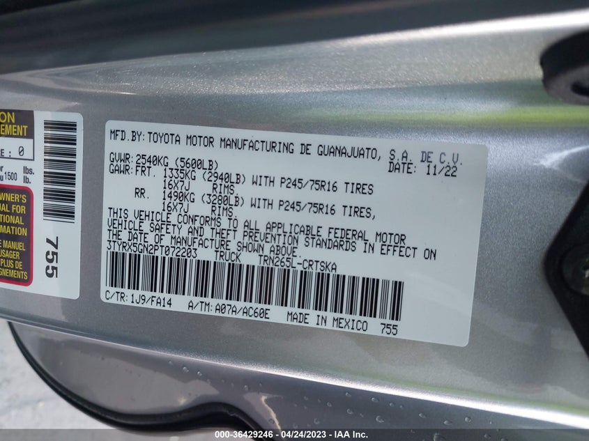 VIN 3TYRX5GN2PT072203 2023 TOYOTA TACOMA 2WD SR/SR5