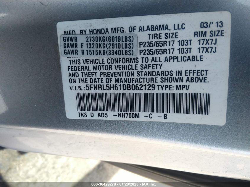 VIN 5FNRL5H61DB062129 2013 HONDA ODYSSEY no.9