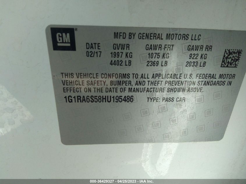 2017 CHEVROLET VOLT LT - 1G1RA6S58HU195486