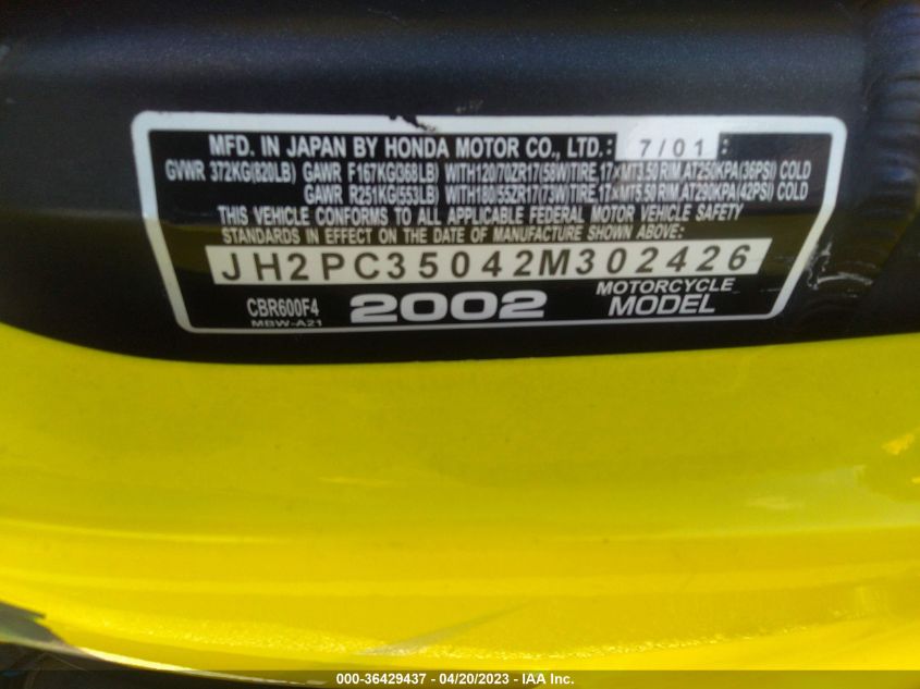 2002 HONDA CBR600 F4 JH2PC35042M302426