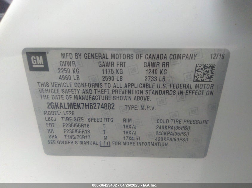 VIN 2GKALMEK7H6274882 2017 GMC TERRAIN SLE