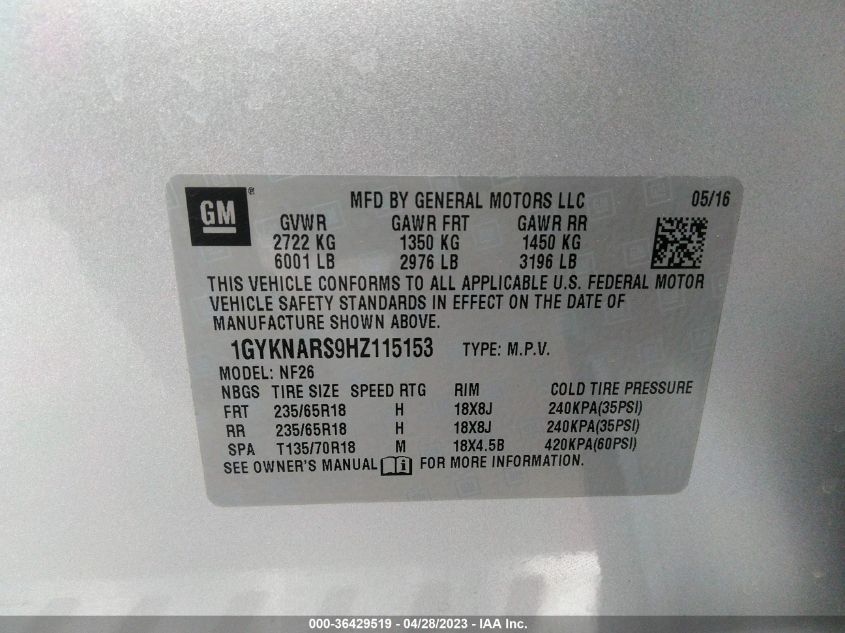 2017 CADILLAC XT5 FWD - 1GYKNARS9HZ115153