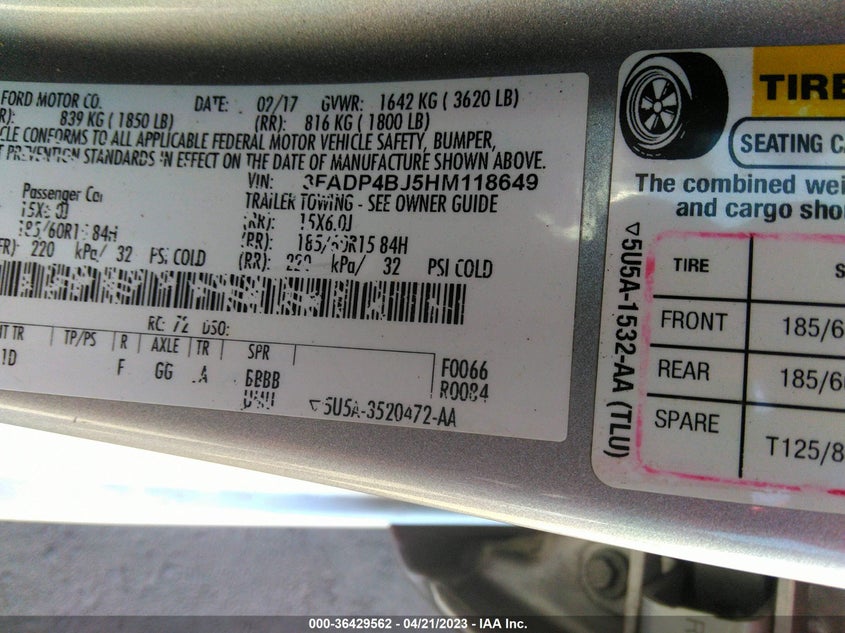VIN 3FADP4BJ5HM118649 2017 FORD FIESTA SE