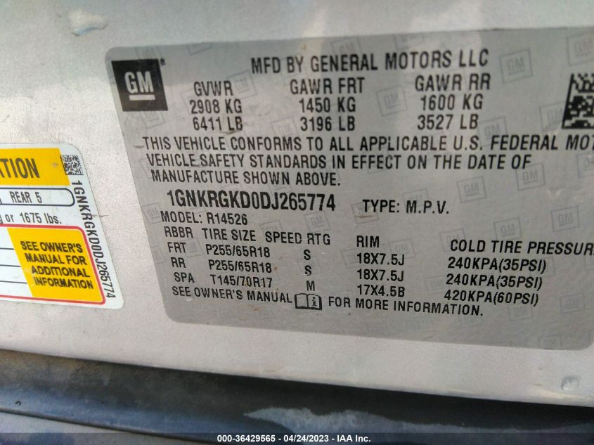 2013 CHEVROLET TRAVERSE LT - 1GNKRGKD0DJ265774