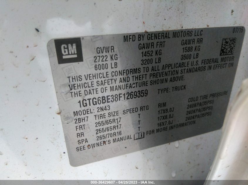2015 GMC CANYON 4WD SLE - 1GTG6BE38F1269359