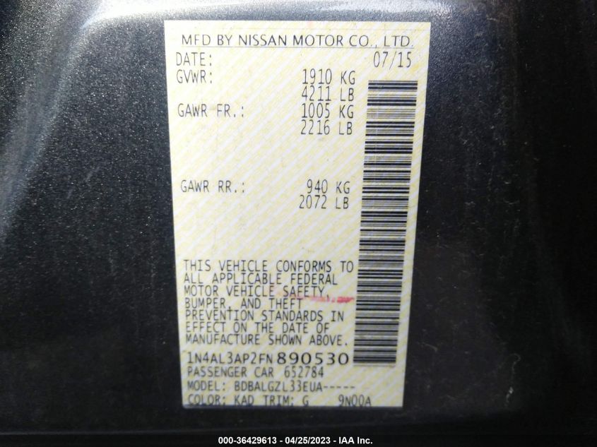 2015 NISSAN ALTIMA 2.5 - 1N4AL3AP2FN890530