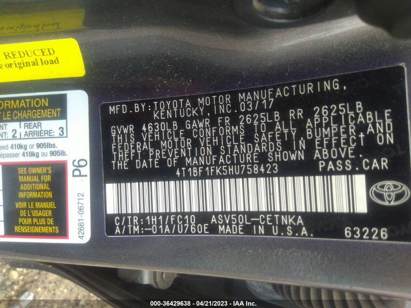 2017 TOYOTA CAMRY XLE/SE/LE/XSE - 4T1BF1FK5HU758423