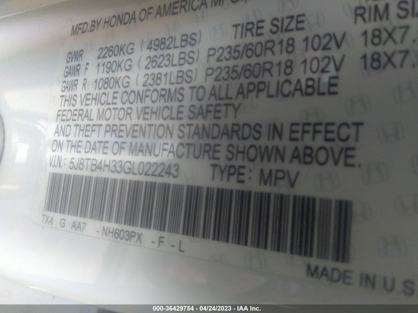 2016 ACURA RDX - 5J8TB4H33GL022243