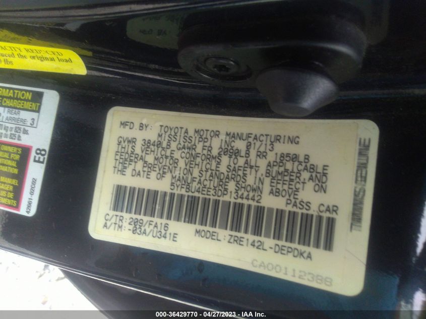 2013 TOYOTA COROLLA L/LE/S - 5YFBU4EE3DP134442