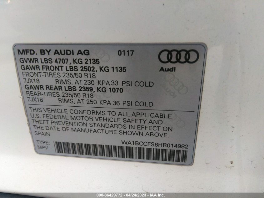 2017 AUDI Q3 PREMIUM - WA1BCCFS6HR014982