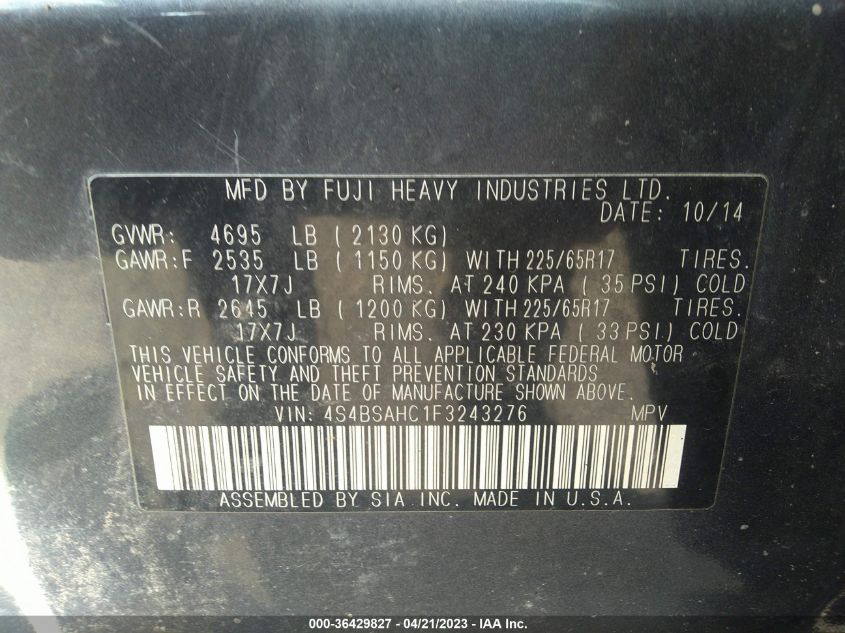 2015 SUBARU OUTBACK 2.5I PREMIUM - 4S4BSAHC1F3243276