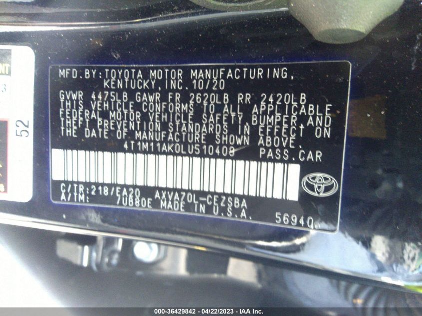 2020 TOYOTA CAMRY SE - 4T1M11AK0LU510409