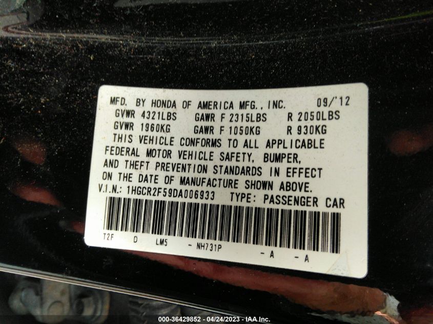 VIN 1HGCR2F59DA006933 2013 HONDA ACCORD SDN no.9