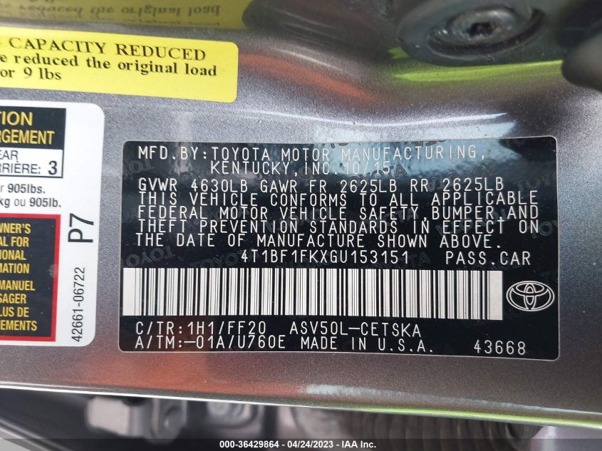 2016 TOYOTA CAMRY XLE/SE/LE/XSE - 4T1BF1FKXGU153151
