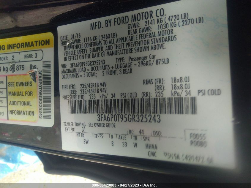 2016 FORD FUSION SE - 3FA6P0T95GR325243