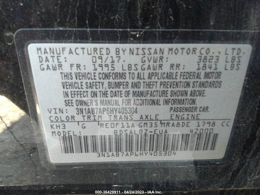 VIN 3N1AB7AP6HY405304 2017 NISSAN SENTRA S