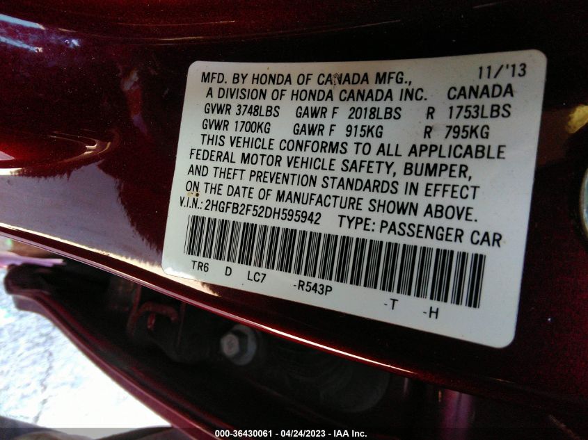 2013 HONDA CIVIC SDN LX - 2HGFB2F52DH595942